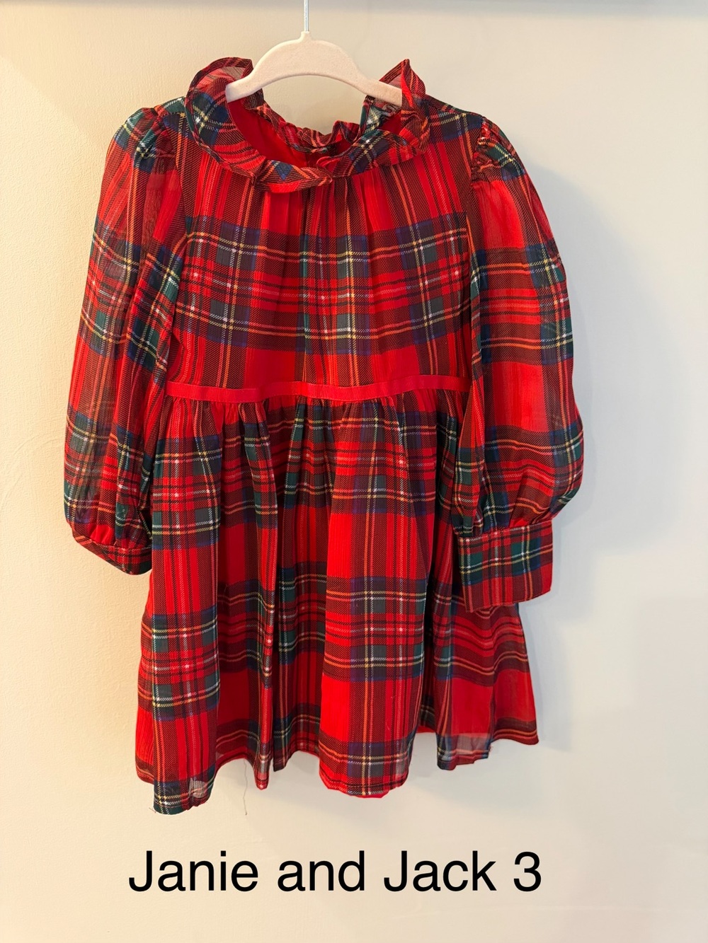 Janie and Jack Red Green Plaid Ruffle-Yoke Holiday Dress